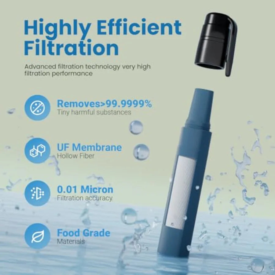 Portable water filter straw for camping, hiking, travel, biking, and emergency use; food-grade plastic; black; filters 99.9999