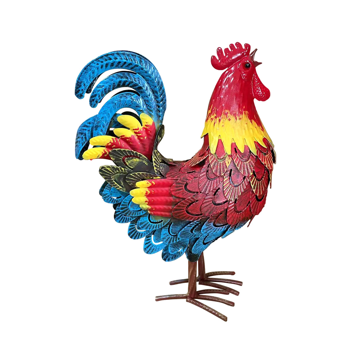 Wrought Iron Rooster Garden Statue, Weatherproof Metal Poultry Sculpture, Rust Resistant Farmhouse Yard Decor for Lawn Patio