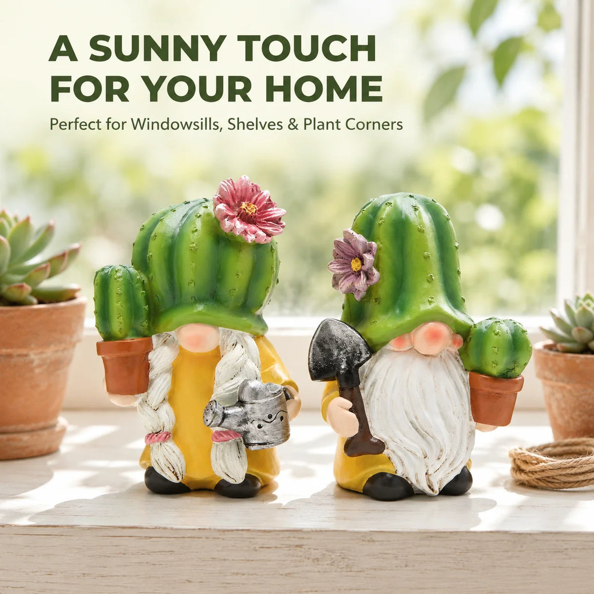Hodao 2-Piece Cactus Gnome Figurine Set, Resin Gardener Couple with Flowering Succulent Hats, Potted Plants, Watering Can and Trowel, Collectible Farmhouse Tabletop Decor for Kitchen Shelf, Patio, Sunroom, Housewarming, Birth