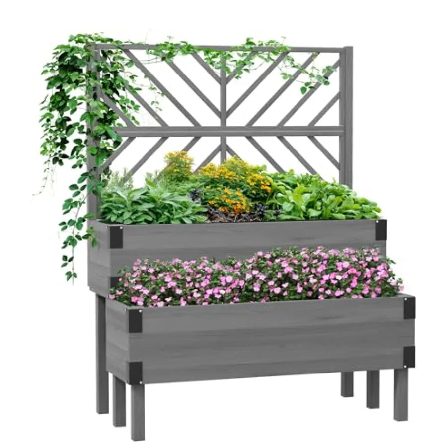Raised Garden Bed with Trellis 2 Tier Wooden Elevated Planter Box with Legs and Metal Corners for Vegetables Flowers Herbs Gray