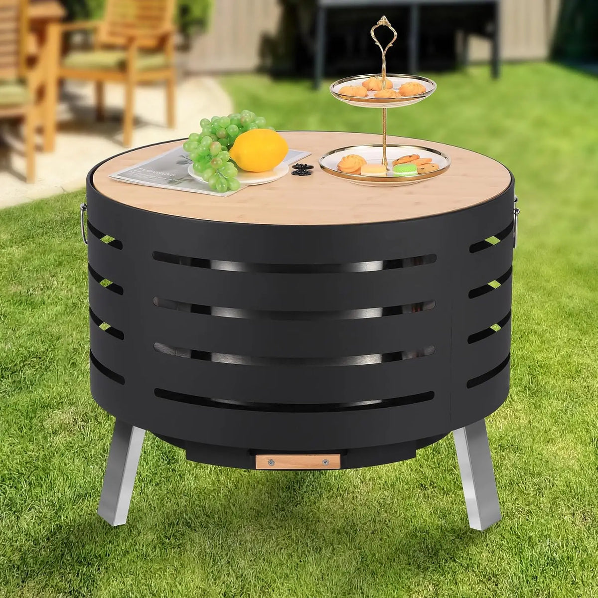 Garvee 26inch Smokeless Table Top Fire Pit with Removable Ash Pan, Bamboo Lid Waterproof Cover, Portable Outdoor Firepit for Patio, Backyard, Camping, Bonfire