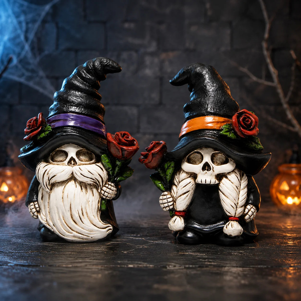 Hodao Resin Halloween Skull Gnome Figurine Set, 2-Piece Gothic Witch Couple with Black Hats, Red Roses, Collectible Shelf Decor