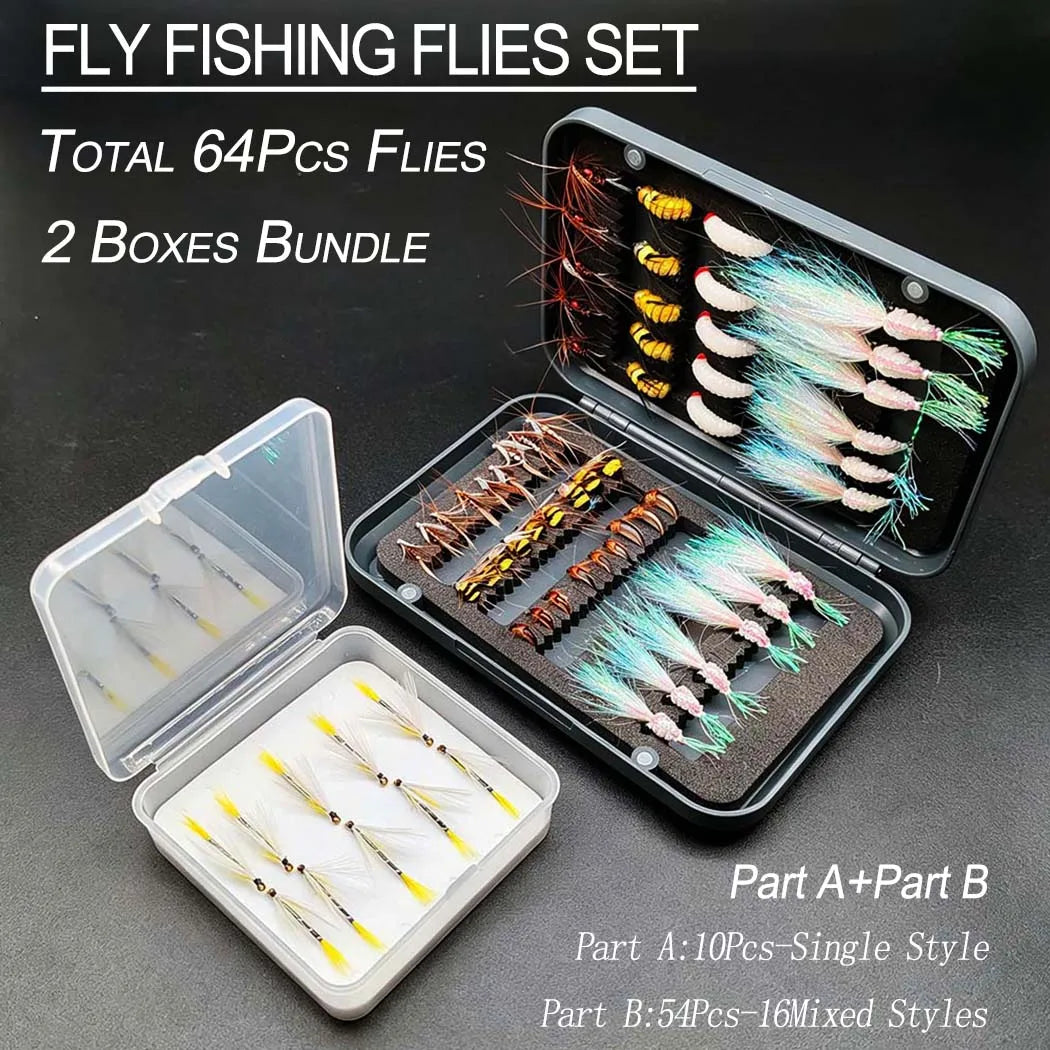 Fly Fishing Flies Total:64Pcs(2 Boxes) Fly Fishing Bait Dry/Wet Fly Nymph Fly Fishing Lure Fly Box for Trout Salmon