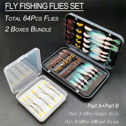 Fly Fishing Flies Total:64Pcs(2 Boxes) Fly Fishing Bait Dry/Wet Fly Nymph Fly Fishing Lure Fly Box for Trout Salmon