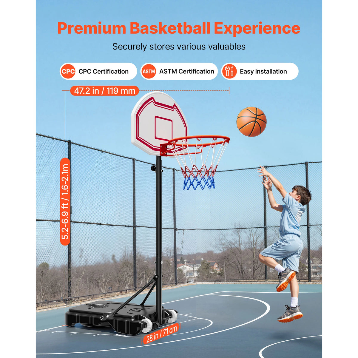SucceBuy Portable Basketball Stand 5.2 to 6.9 ft/4.43 to 10 ft/10ft Height Adjustment Portable Backboard Set for Patios Poolside