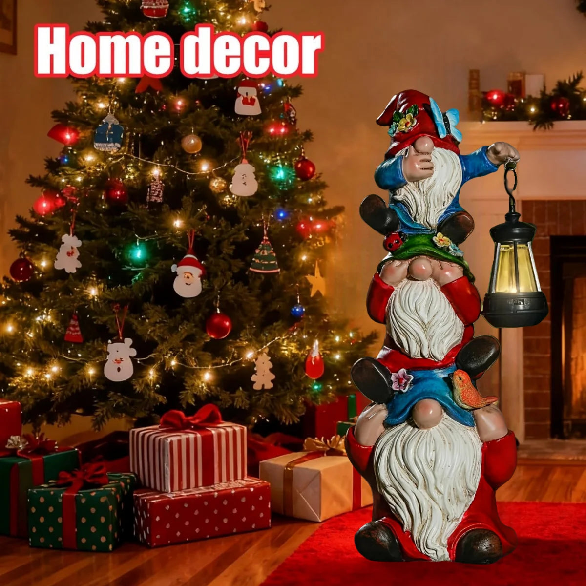 Christmas Outdoor Garden Solar Statue Lights Resin Triple Stack Elf Gnome Statues Funny Outdoor Decor for Patio Lawn Yard