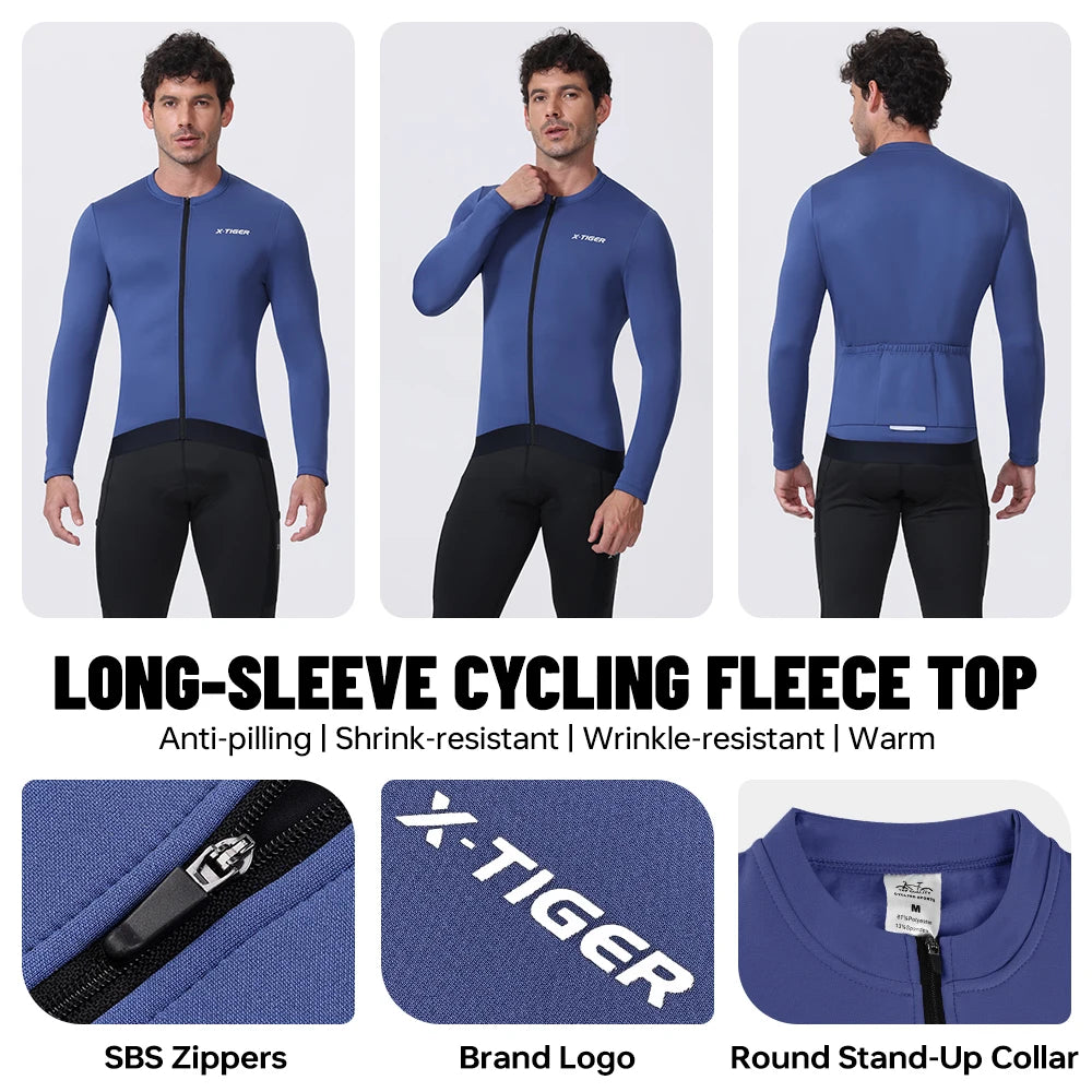 X‑TIGER Thermal Fleece Long Sleeve Cycling Jersey Fit Wind Resistant Full Zip Bike Jersey With Rear Pockets For Men Winter Warm MTB Road Cycling Clothing