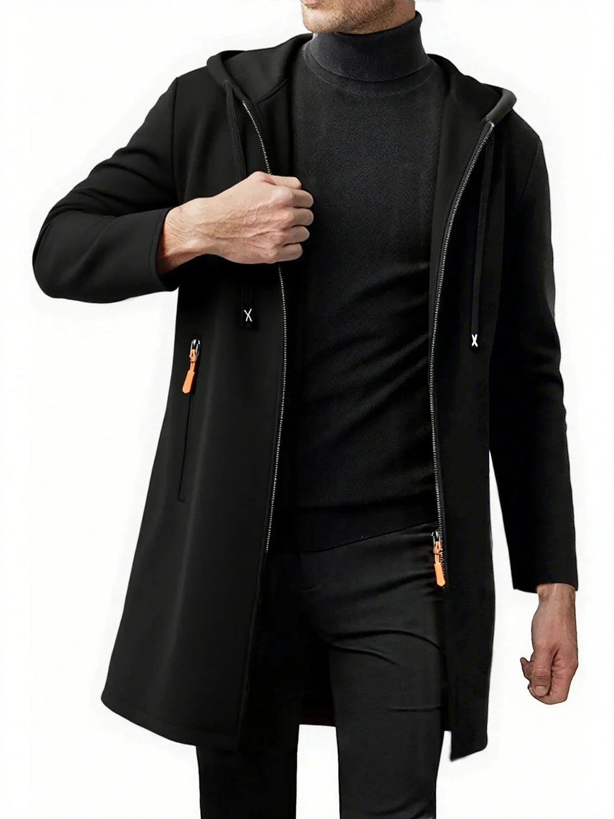 2Pcs Set Men Mid-Length Full Zip Hooded Jacket Fleece Lined Warm Coat with Drawstring Hood & Zipper Pockets Casual Outerwear for Fall Winter Daily Wear