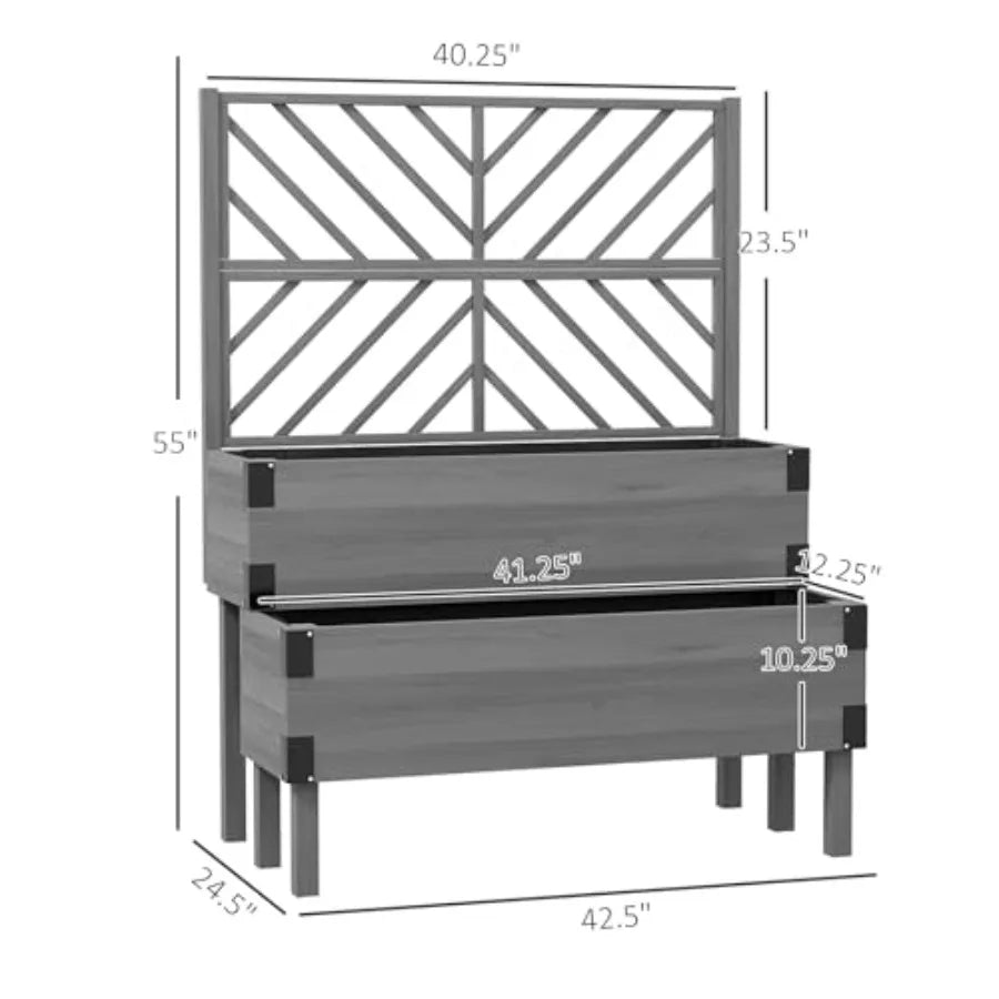 Raised Garden Bed with Trellis 2 Tier Wooden Elevated Planter Box with Legs and Metal Corners for Vegetables Flowers Herbs Gray