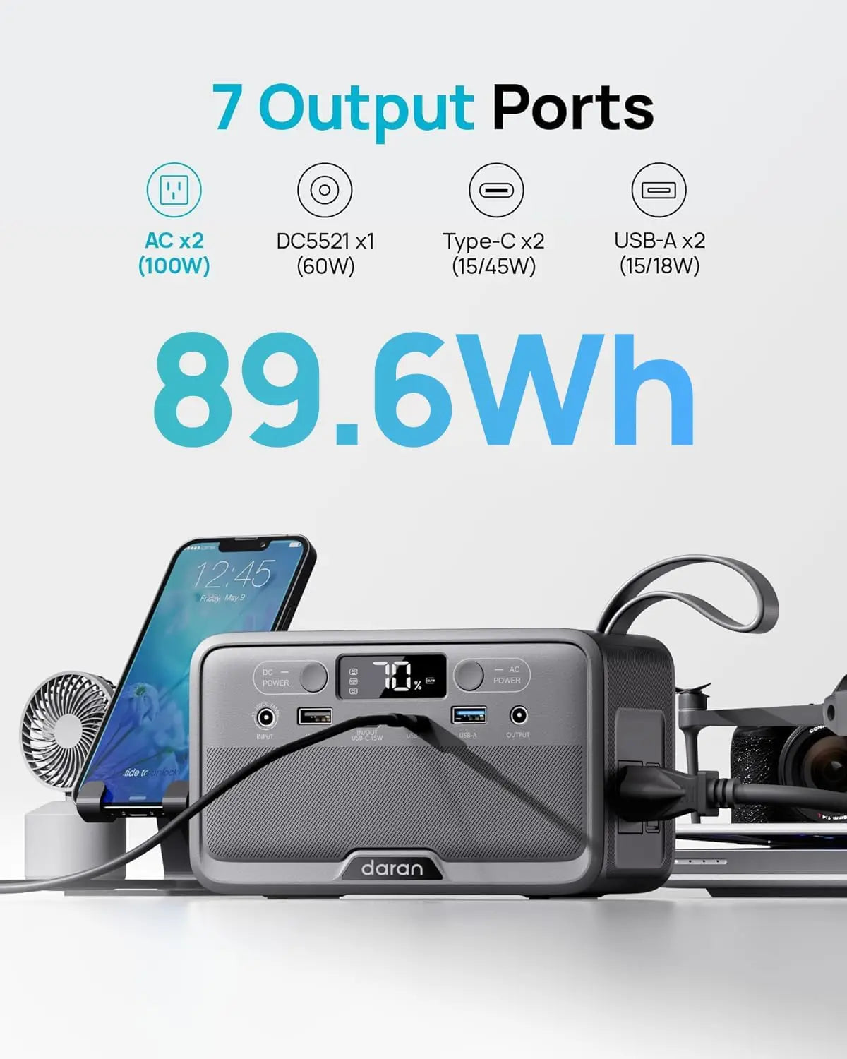 Daranener  NEOX  Portable Power Station 192Wh, 300W AC Output, 2 AC Outlets, 60W USB-C PD, Fast Charging, Solar/Car/AC Recharge, Lightweight 5.84 lbs, BMS Protection for Camping, RV, Travel & Emergency Backup