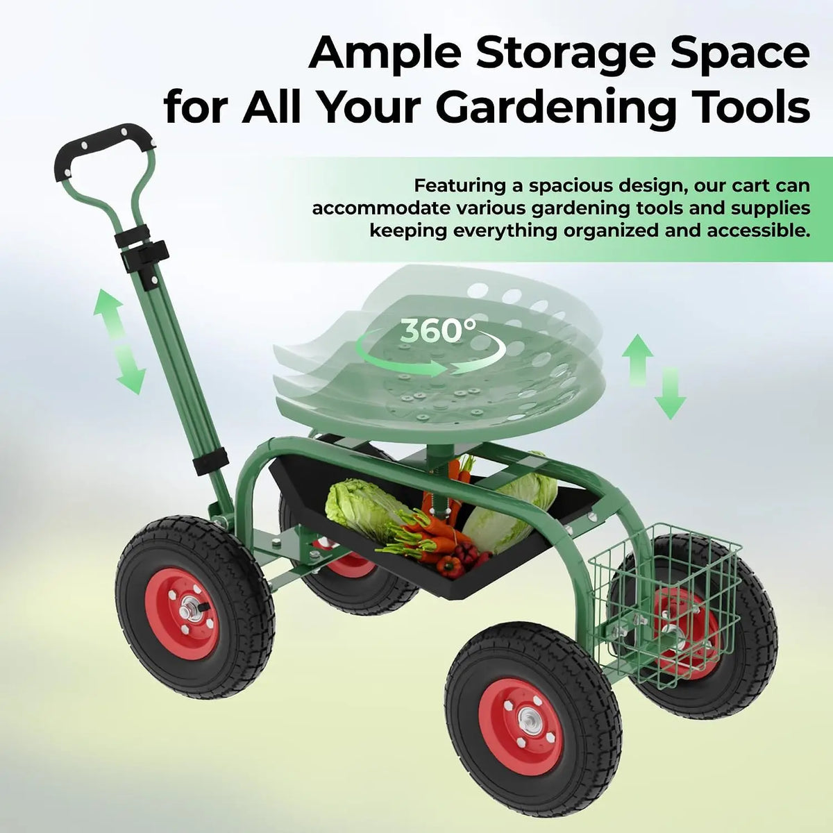 Tacleekii Garden Cart Sturdy Metal Utility Wagon Garden Rolling Stool with Wheels, Outdoor Garden Cart with Seat on Wheels Gardening Cart with Tool Tray, & Steering Handle, for Easy Planting and Yard Work