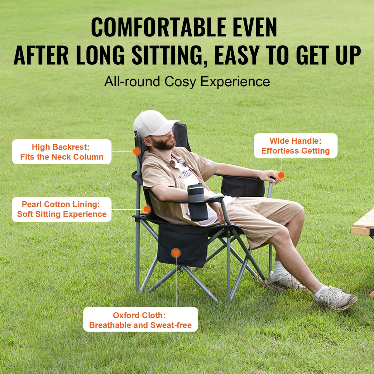 SucceBuy Camping Folding Chair for Adults Portable Quad Lumbar Back Padded Arm Chairs with Side Pockets for Beach, Lawn, Picnic