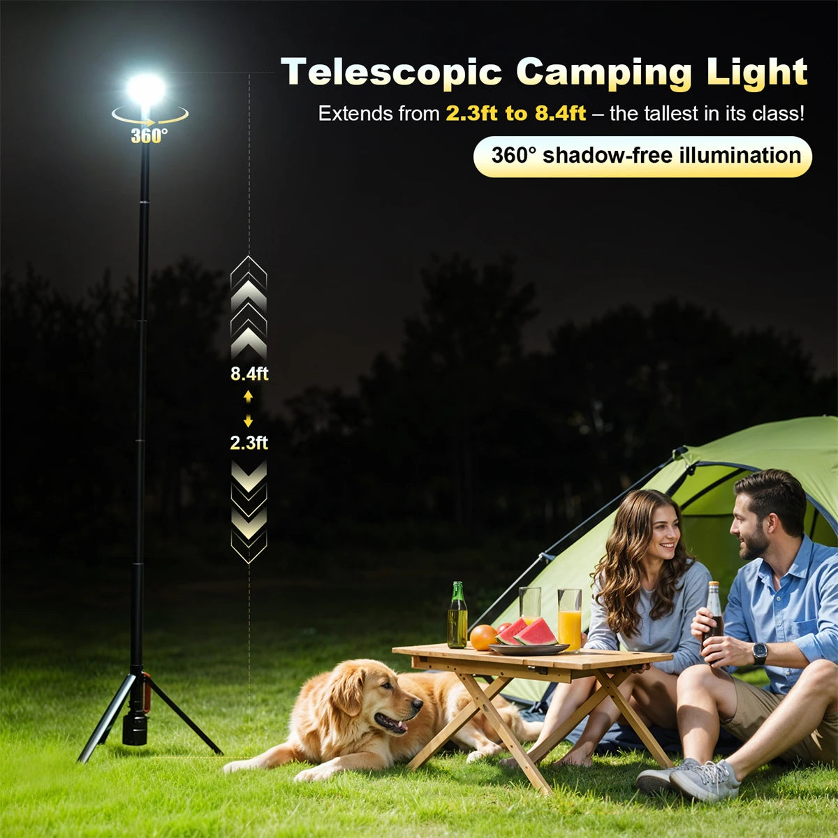 360° Rechargeable Work Light with Remote &Telescopic Stand (8.4Ft), 3000LM Ultra Bright 3CCT Dimmable, 5 Height Adjustments,6000mAh Battery, Portable Camping Light for Jobsite Sports