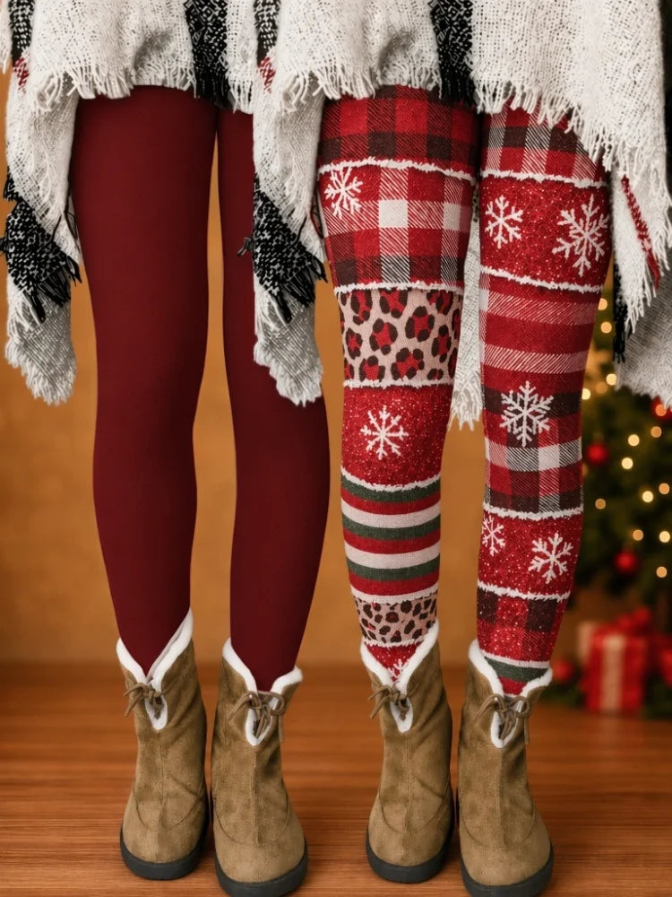 Women's Christmas High-Waisted Tight Leggings, with a Wine-Red Base Color and a Christmas-Themed Print Design - a Layered Style Suitable for Casual Weekend Parties in Autumn and Winter.